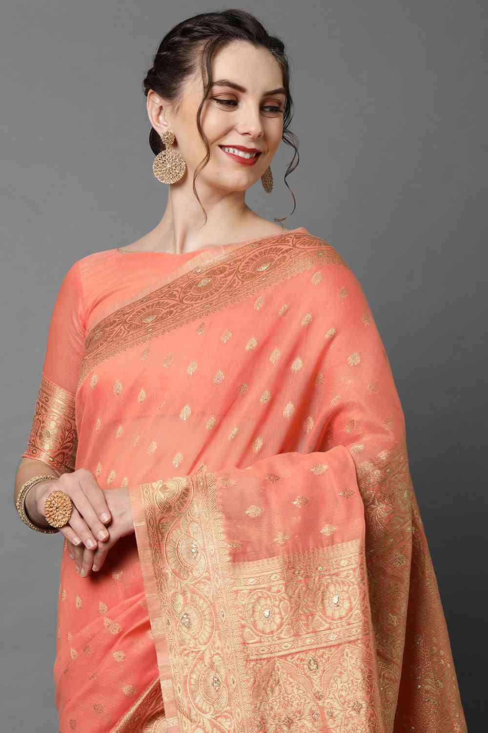 Buy Lianna Peach Woven Art Silk One Minute Saree Online - Side