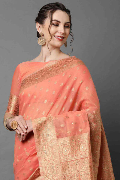 Buy Lianna Peach Woven Art Silk One Minute Saree Online - Side