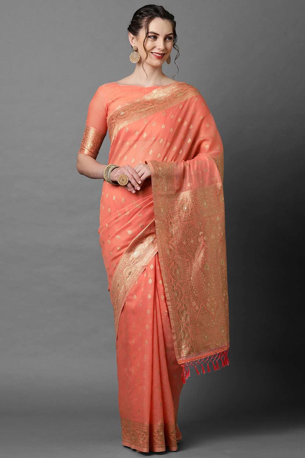 Buy Lianna Peach Woven Art Silk One Minute Saree Online - One Minute Saree