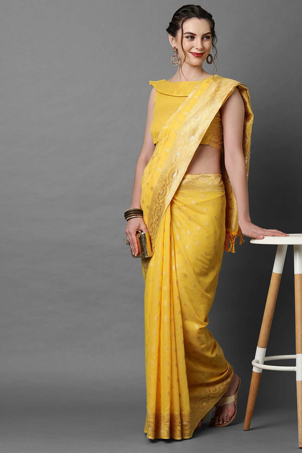 Buy Edith Yellow Woven Art Silk One Minute Saree Online