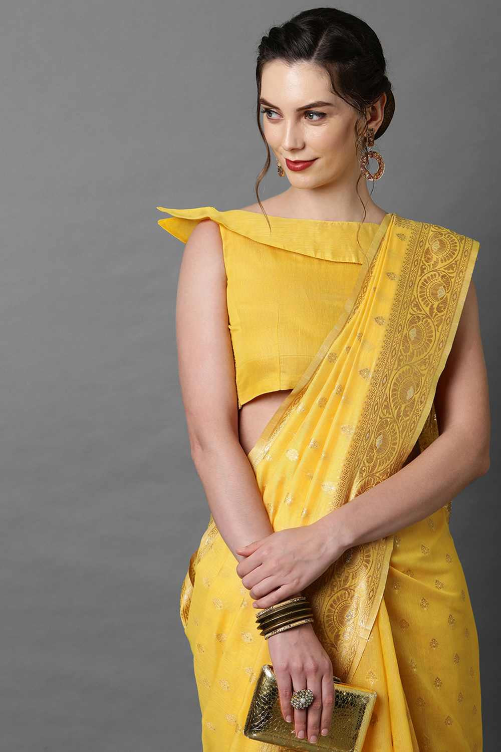 Buy Edith Yellow Woven Art Silk One Minute Saree Online - Side