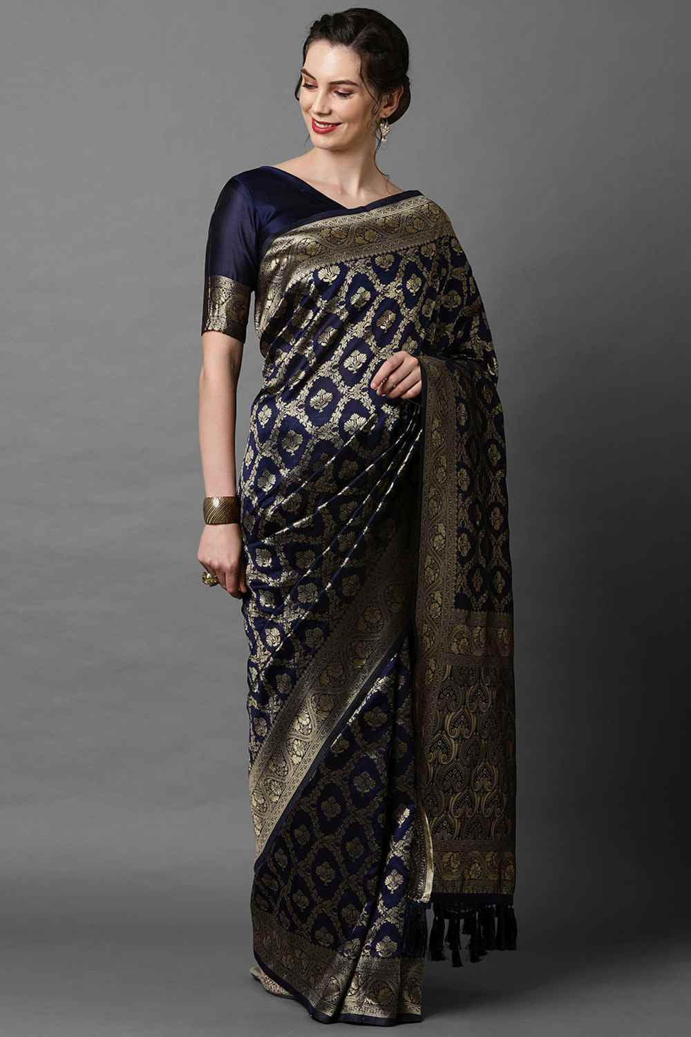 Buy Mimi Navy Blue Woven Art Silk One Minute Saree Online - One Minute Saree