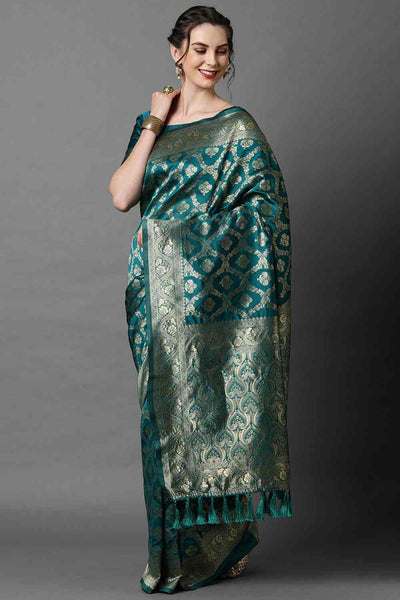 Buy Thais Teal Blue Woven Art Silk One Minute Saree Online