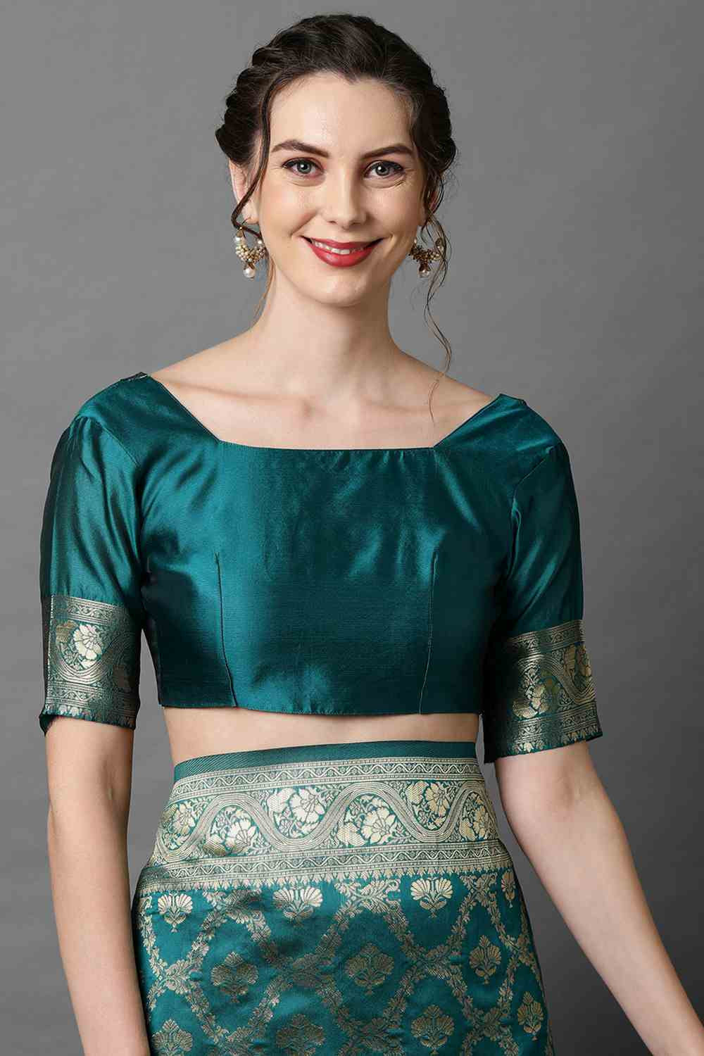 Buy Thais Teal Blue Woven Art Silk One Minute Saree Online - Back