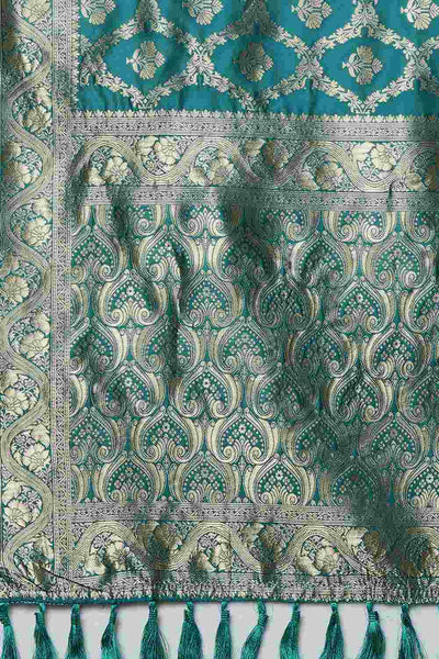 Buy Thais Teal Blue Woven Art Silk One Minute Saree Online - Front