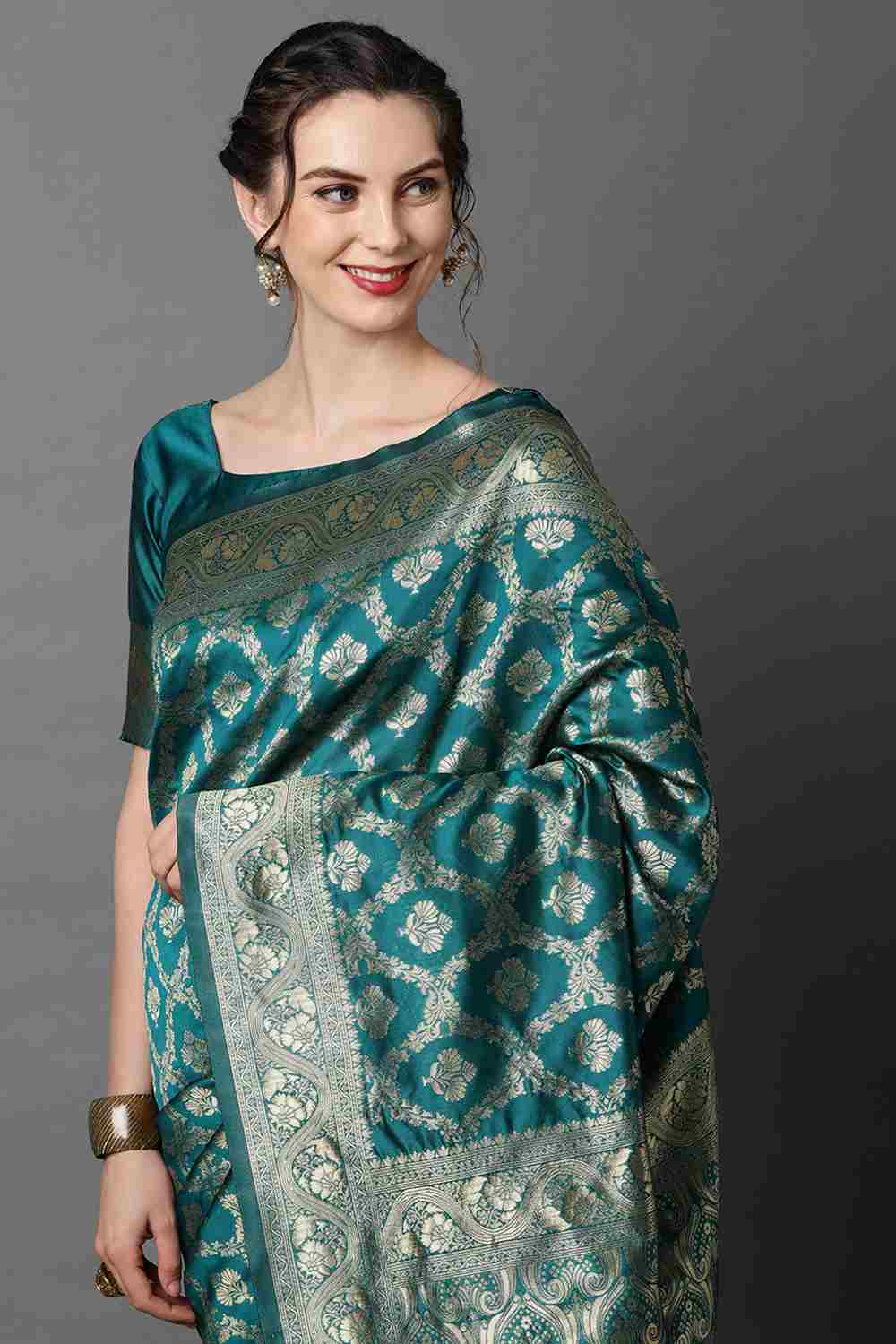 Buy Thais Teal Blue Woven Art Silk One Minute Saree Online - Side