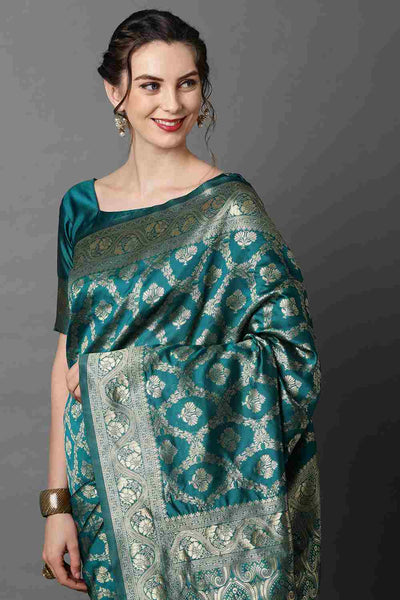 Buy Thais Teal Blue Woven Art Silk One Minute Saree Online - Side