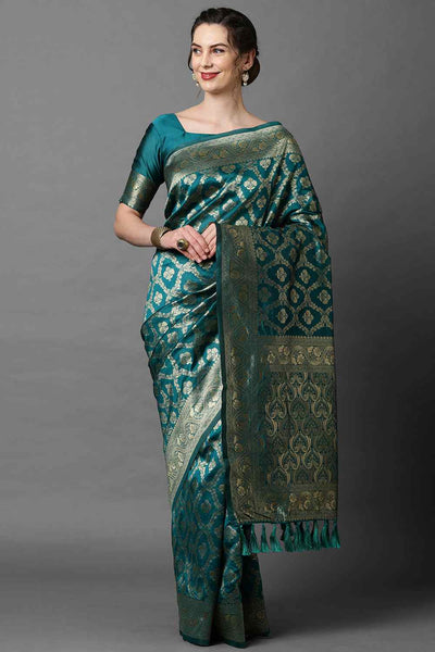 Buy Thais Teal Blue Woven Art Silk One Minute Saree Online - One Minute Saree