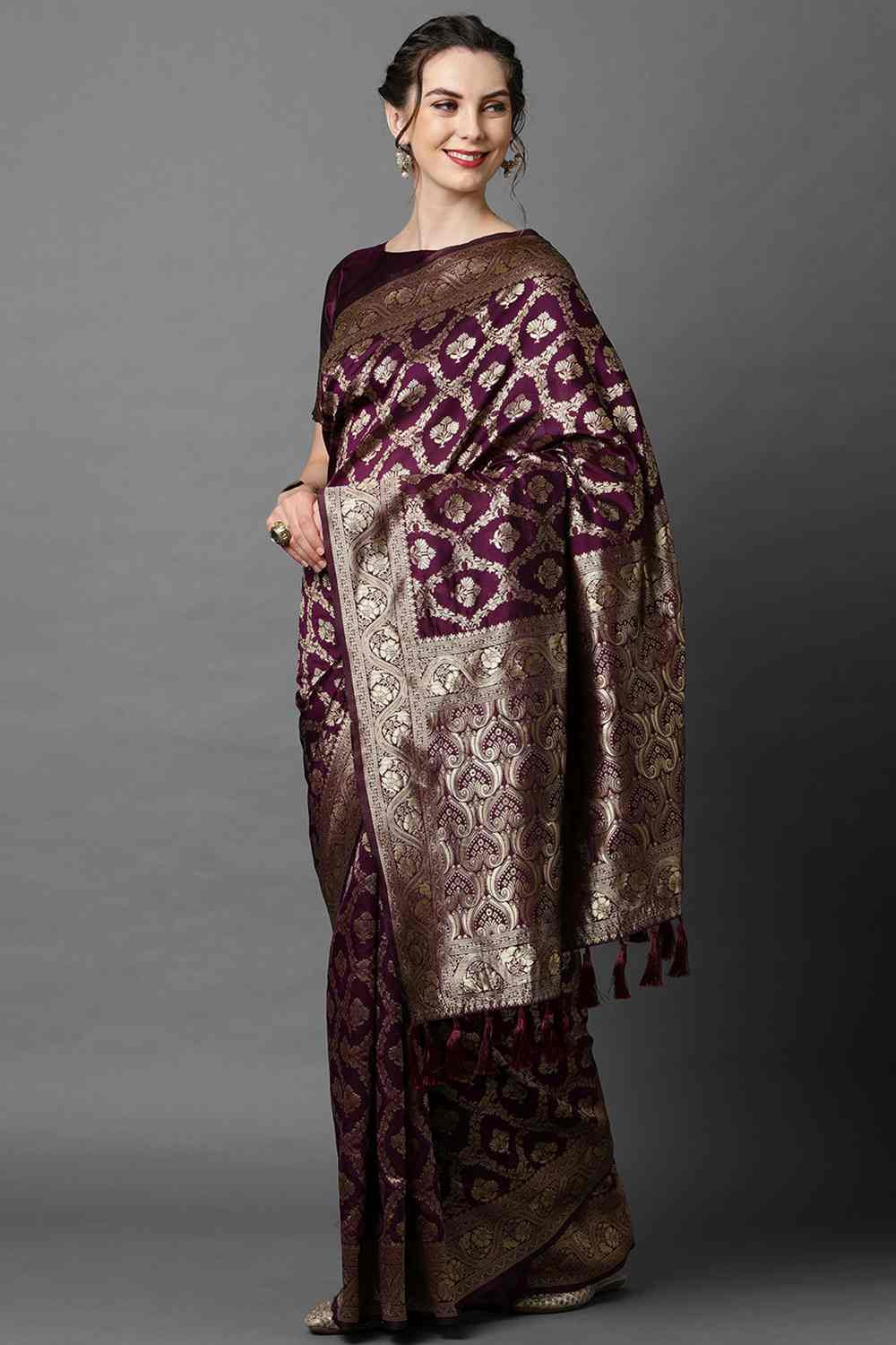 Buy Wilda Wine Woven Art Silk One Minute Saree Online
