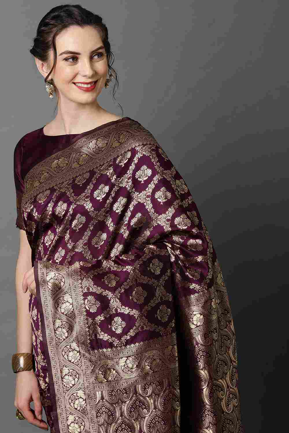 Buy Wilda Wine Woven Art Silk One Minute Saree Online - Side