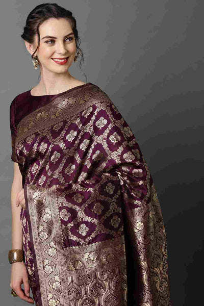 Buy Wilda Wine Woven Art Silk One Minute Saree Online - Side