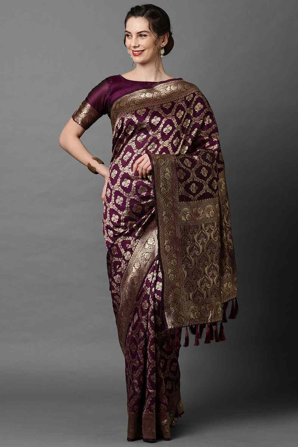 Buy Wilda Wine Woven Art Silk One Minute Saree Online - One Minute Saree