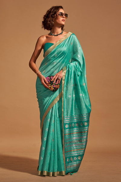 Buy Trisha Turquoise Kanoi Silk Woven Floral One Minute Saree Online - One Minute Saree