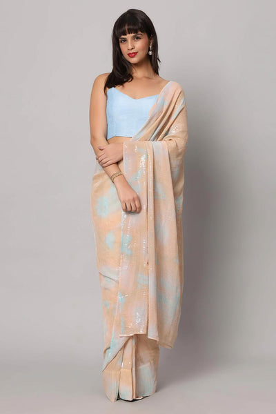 Buy Taylor Pink & Blue Tie-Dye Georgette  with Sequins One Minute Saree Online - One Minute Saree