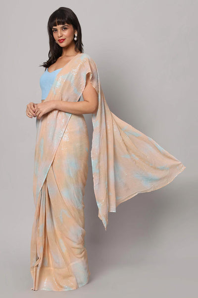 Buy Taylor Pink & Blue Tie-Dye Georgette  with Sequins One Minute Saree Online - Back