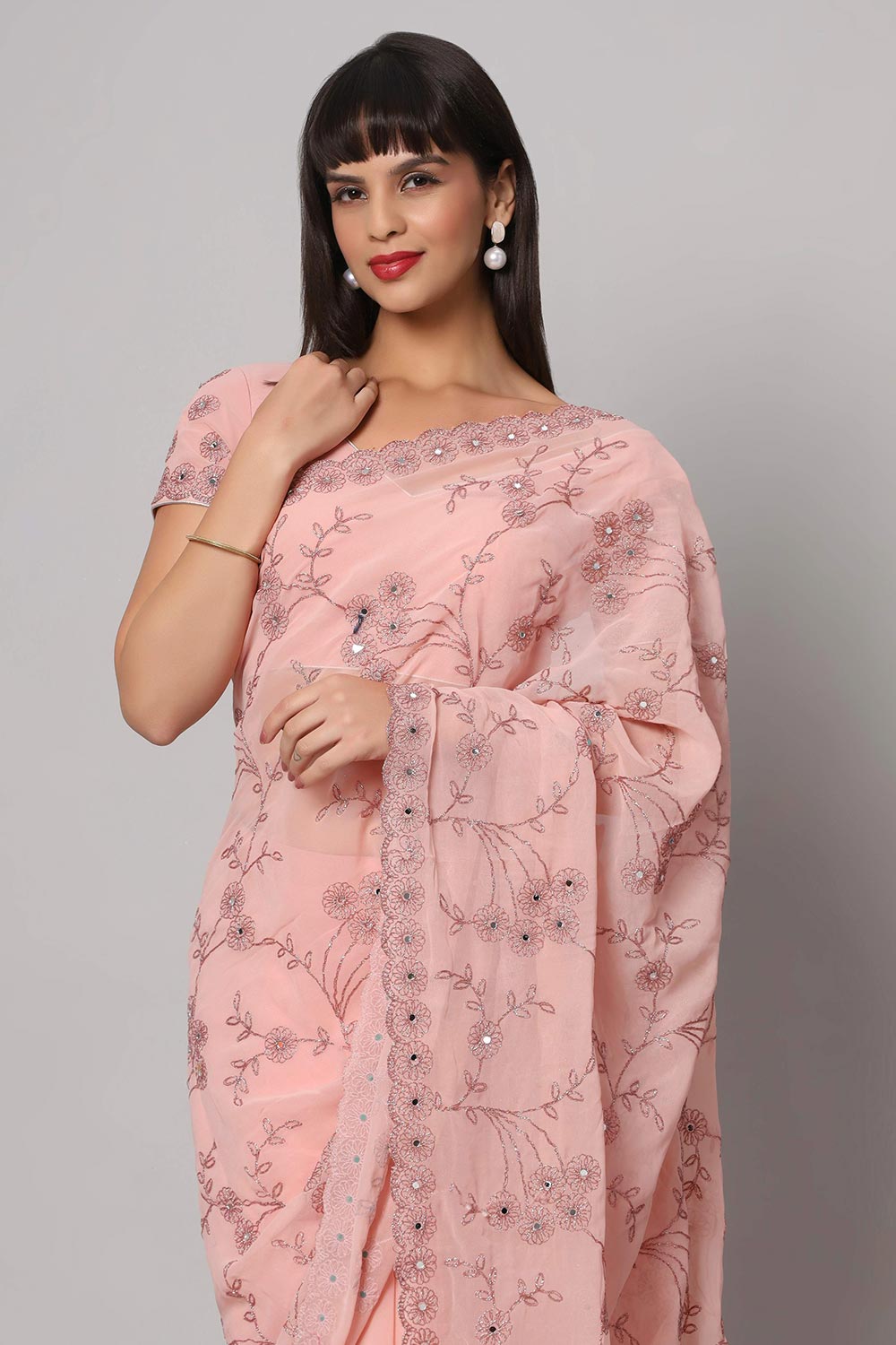 Buy Esha Dusty Rose Embroidered Mirror Work One Minute Saree Online