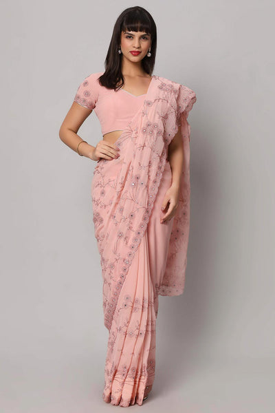 Buy Esha Dusty Rose Embroidered Mirror Work One Minute Saree Online - One Minute Saree