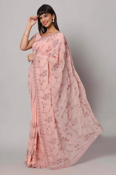 Buy Esha Dusty Rose Embroidered Mirror Work One Minute Saree Online - Back