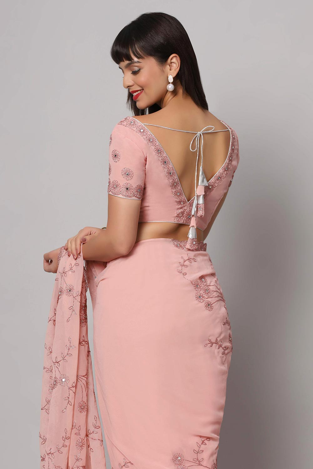 Buy Esha Dusty Rose Embroidered Mirror Work One Minute Saree Online - Side