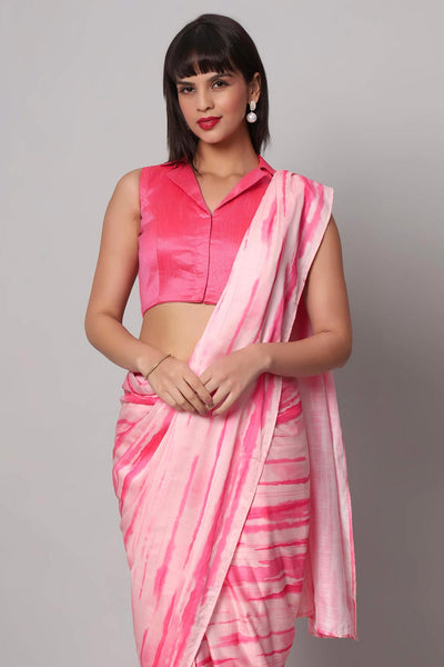 Buy Paula Pink & White Tie-Dye Satin One Minute Saree Online - Front