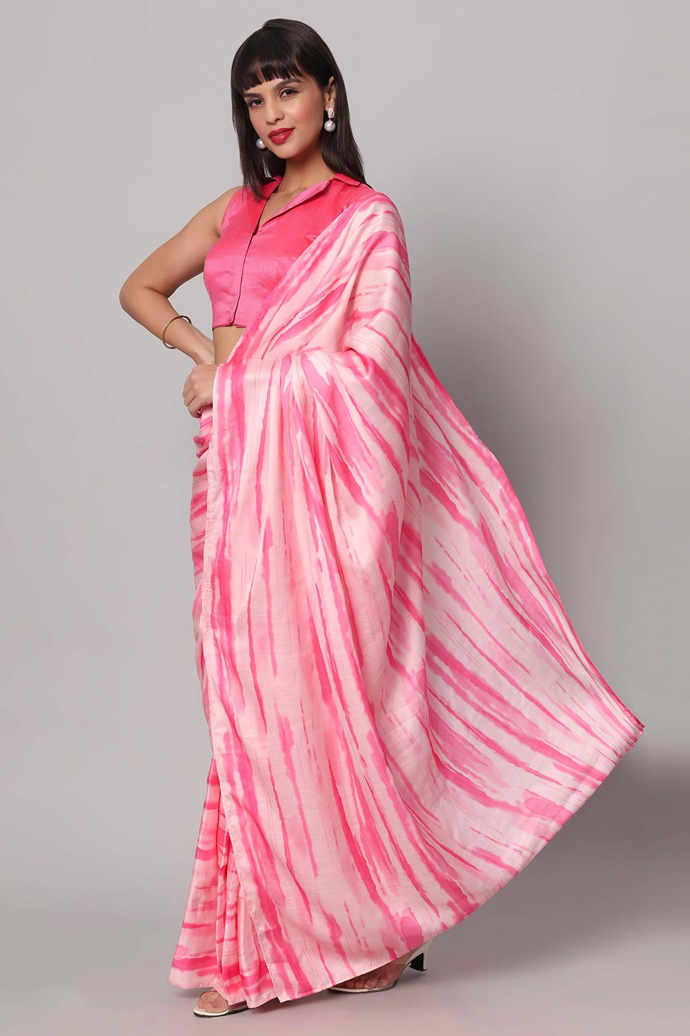 Buy Paula Pink & White Tie-Dye Satin One Minute Saree Online - One Minute Saree