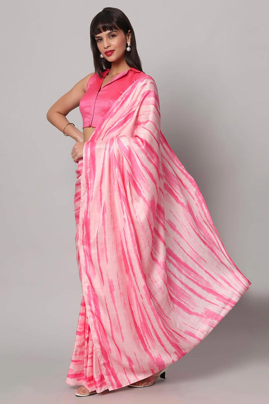 Buy Paula Pink & White Tie-Dye Satin One Minute Saree Online - One Minute Saree