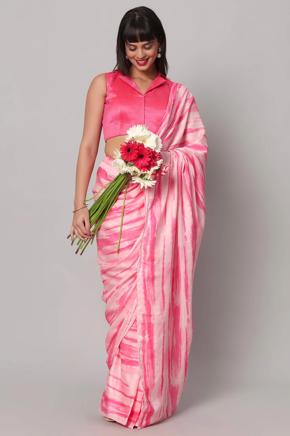 Buy Paula Pink & White Tie-Dye Satin One Minute Saree Online - Back