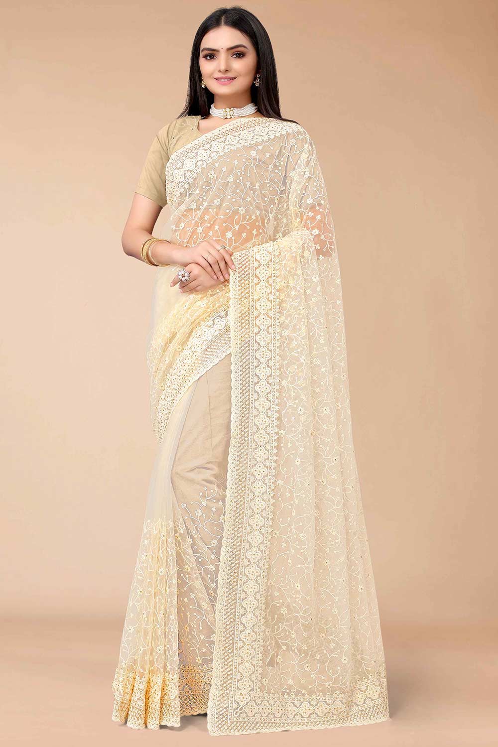 Buy Aisha Beige Net Floral Embroidered One Minute Saree Online - One Minute Saree