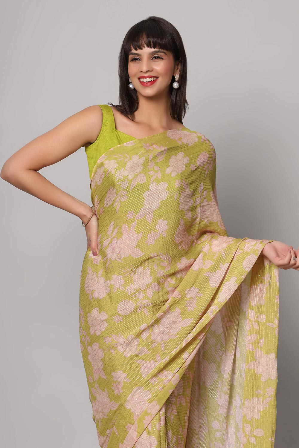 Buy Linda Lime Green Georgette Floral Sequins One Minute Saree Online