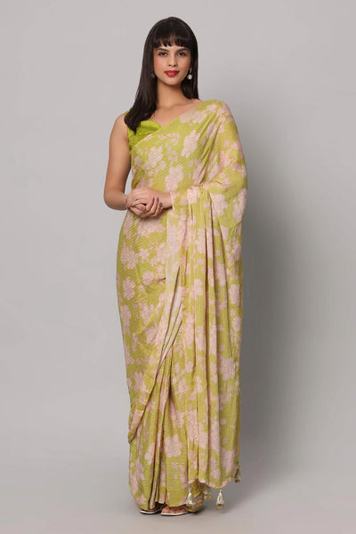 Buy Linda Lime Green Georgette Floral Sequins One Minute Saree Online - One Minute Saree