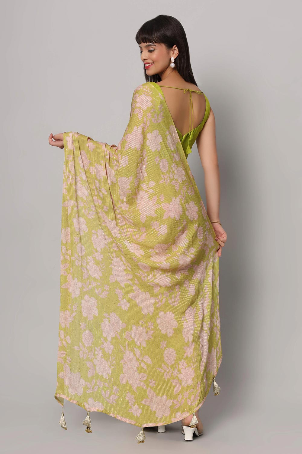 Shop Linda Lime Green Georgette Floral Sequins One Minute Saree at best offer at our  Store - One Minute Saree