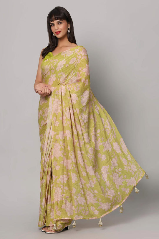 Buy Linda Lime Green Georgette Floral Sequins One Minute Saree Online - Back