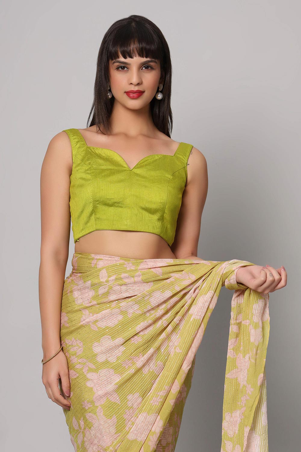 Buy Linda Lime Green Georgette Floral Sequins One Minute Saree Online - Front