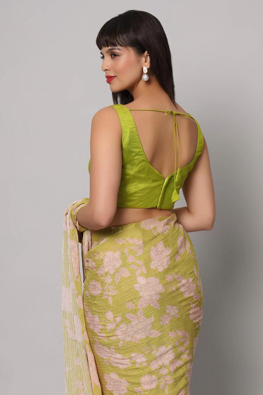 Buy Linda Lime Green Georgette Floral Sequins One Minute Saree Online - Side