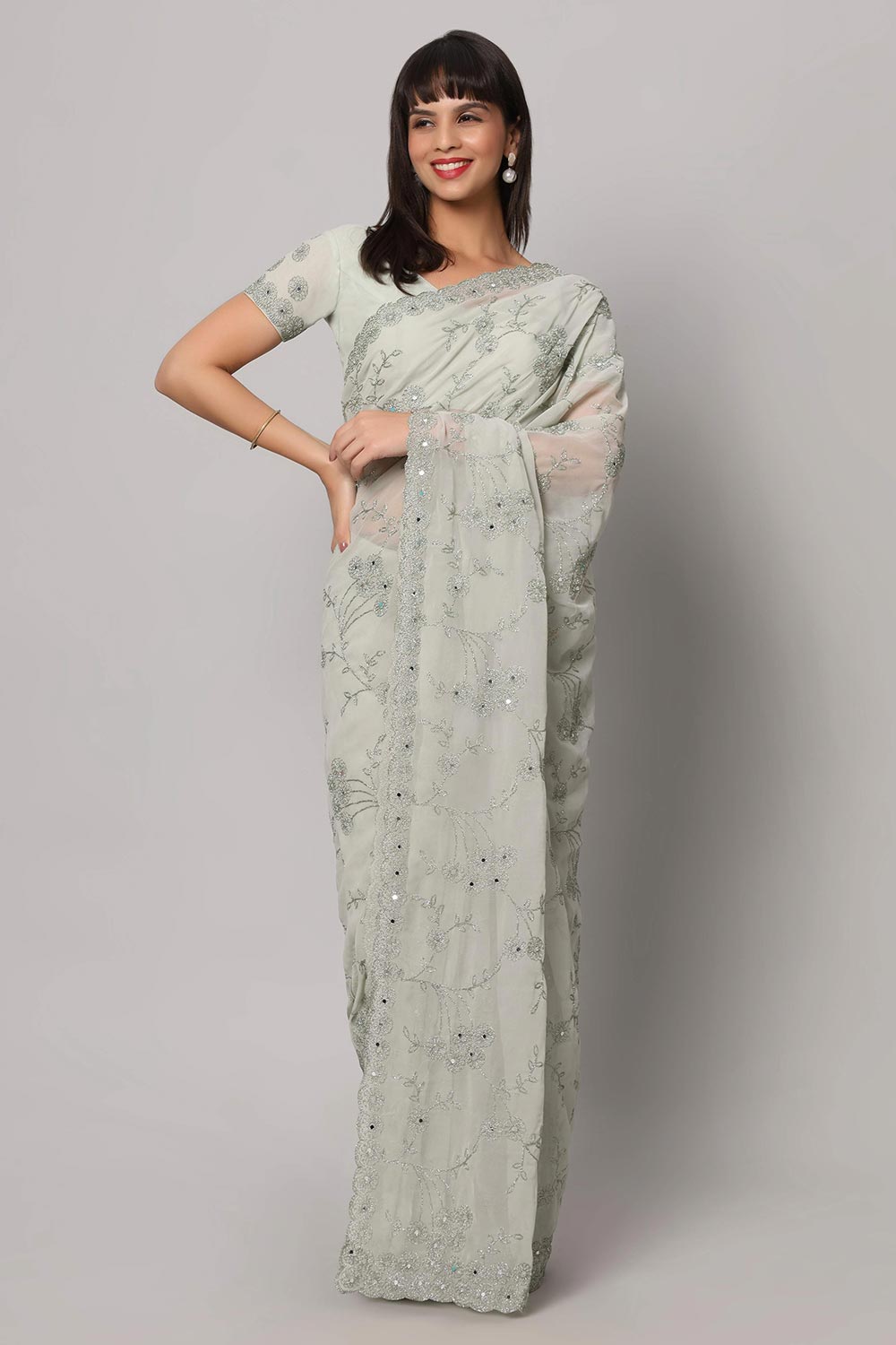 Buy Esha Light Sea Green Embroidered Mirror Work One Minute Saree Online - One Minute Saree