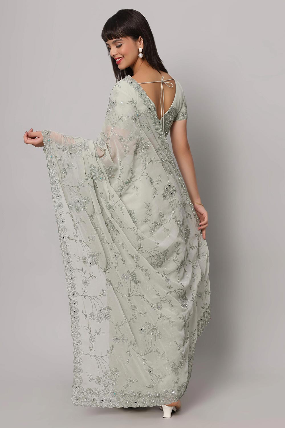 Shop Esha Light Sea Green Embroidered Mirror Work One Minute Saree at best offer at our  Store - One Minute Saree