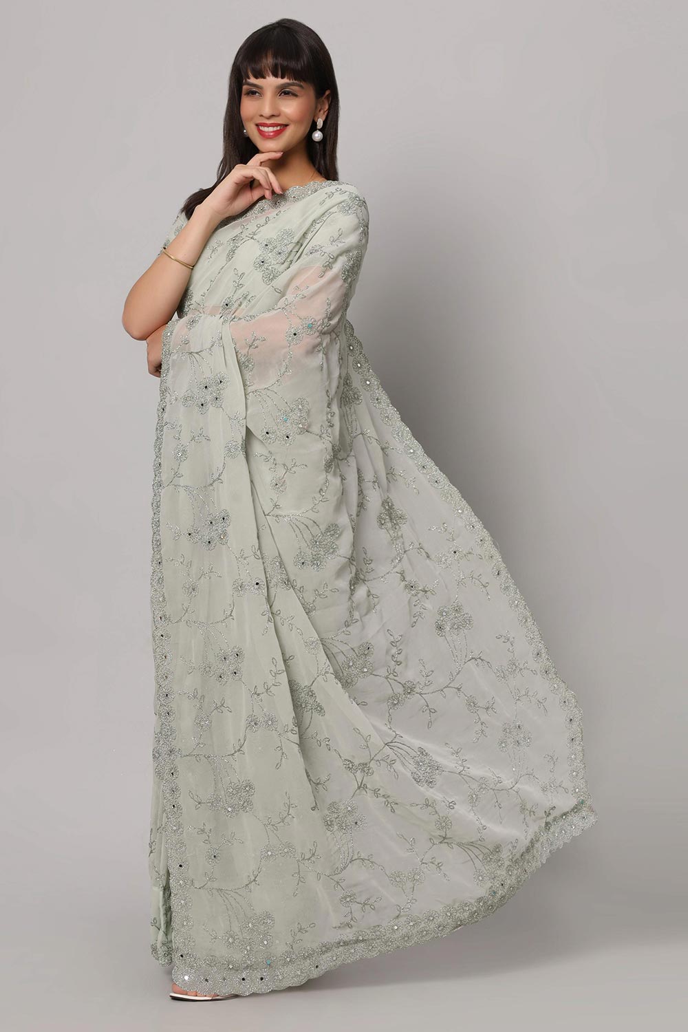 Buy Esha Light Sea Green Embroidered Mirror Work One Minute Saree Online