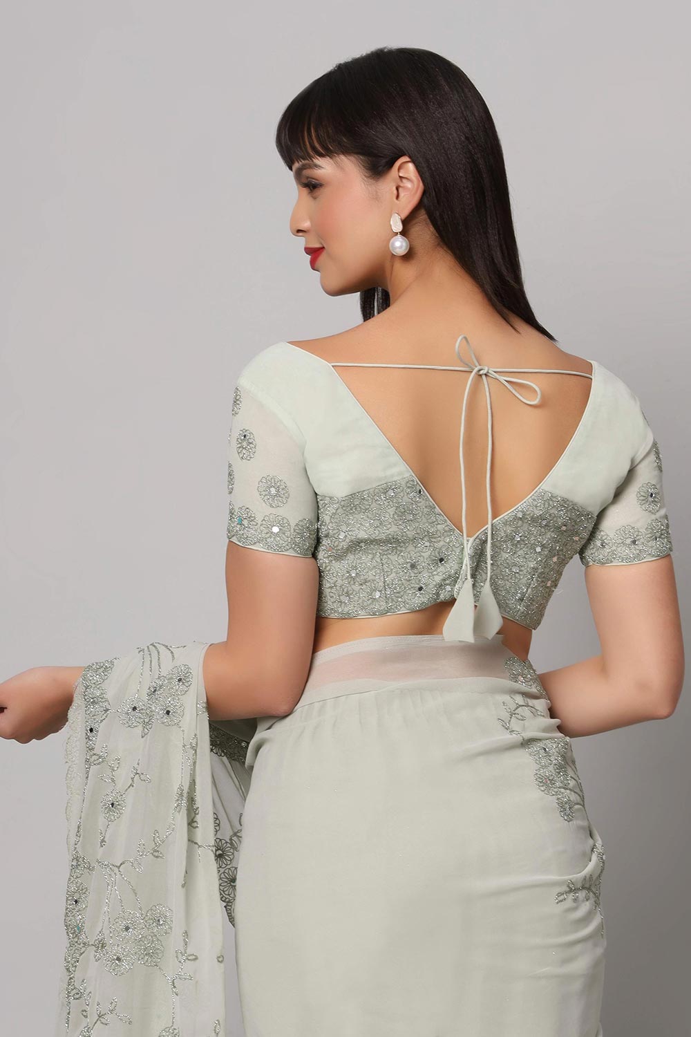 Buy Esha Light Sea Green Embroidered Mirror Work One Minute Saree Online - Back