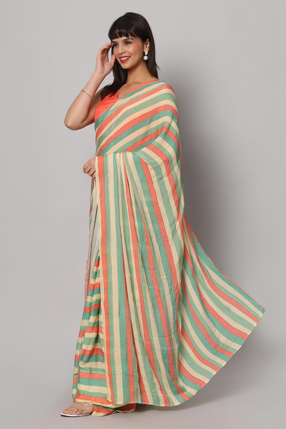 Buy Jini Multi-colored Striped Georgette with Sequins One Minute Saree Online - One Minute Saree