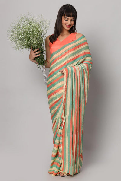 Buy Jini Multi-colored Striped Georgette with Sequins One Minute Saree Online - Back
