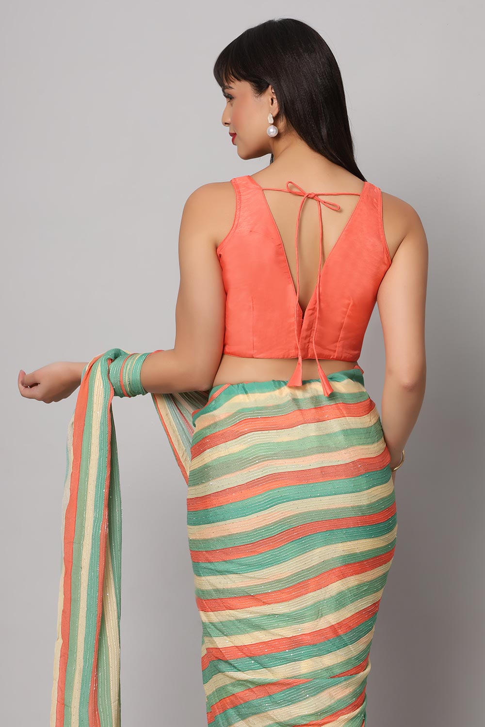 Buy Jini Multi-colored Striped Georgette with Sequins One Minute Saree Online - Side