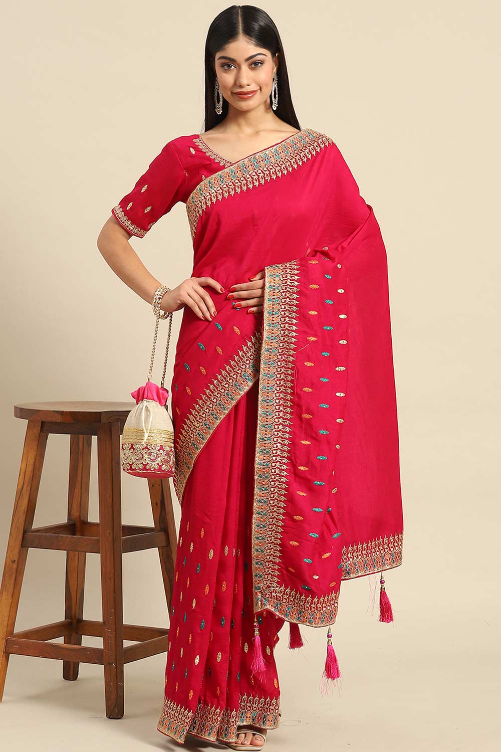 Buy Chandai Red Art Silk Embroidered One Minute Saree Online - One Minute Saree