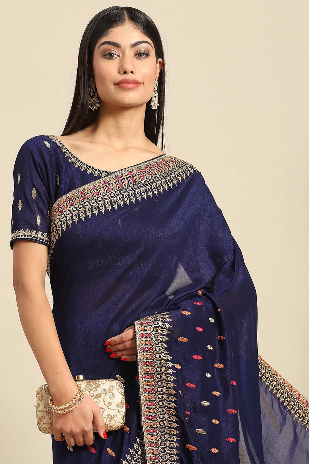 Buy Navy Blue Art Silk Embroidered Embroidered One Minute Saree Online - Front