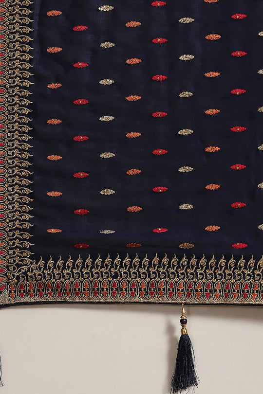 Buy Julie Navy Blue Art Silk Embroidered One Minute Saree Online - Back