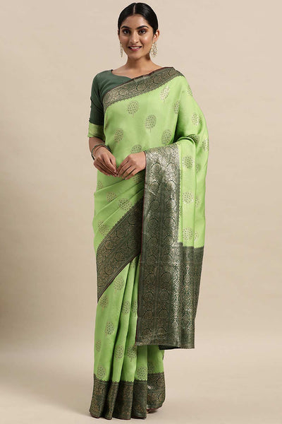 Buy Yuli Green Silk Blend Floral Woven Design Banarasi One Minute Saree Online - One Minute Saree