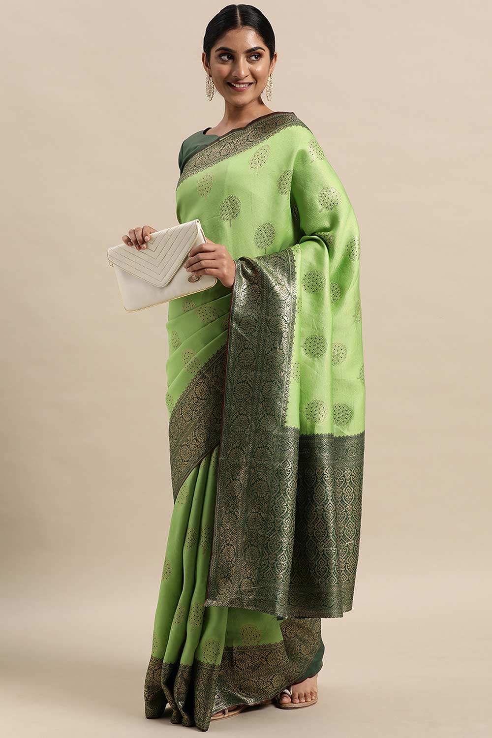 Buy Yuli Green Silk Blend Floral Woven Design Banarasi One Minute Saree Online