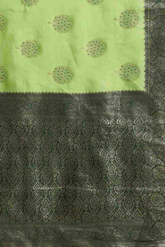Buy Yuli Green Silk Blend Floral Woven Design Banarasi One Minute Saree Online - Back