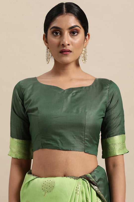 Buy Yuli Green Silk Blend Floral Woven Design Banarasi One Minute Saree Online - Front