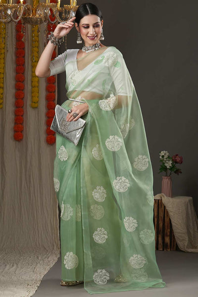 Buy Selena Olive Organza Bagh Embroidered Banarasi One Minute Saree Online - One Minute Saree