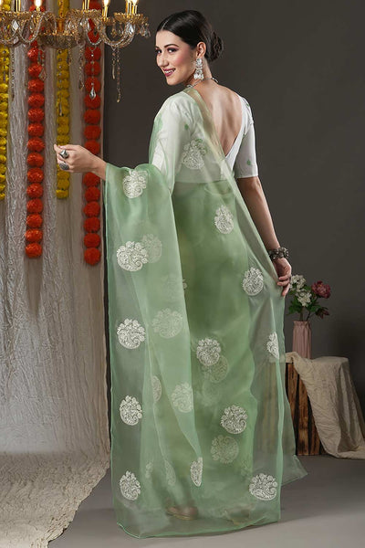 Shop Selena Olive Organza Bagh Embroidered Banarasi One Minute Saree at best offer at our  Store - One Minute Saree